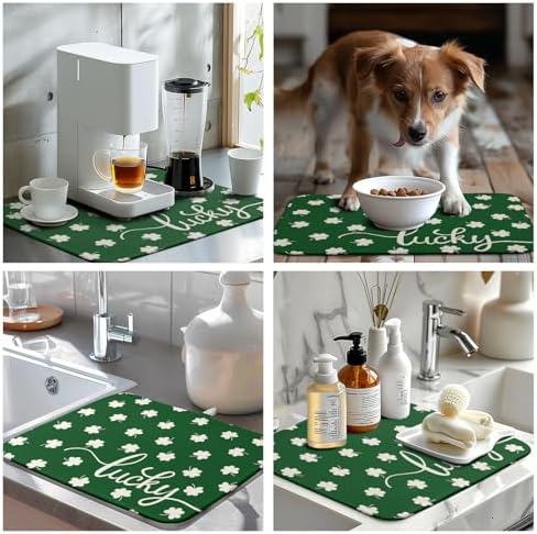 St Patrick Shamrock Drying Mat for Kitchen Counter Green White Lucky Clover Drying Dish Mat St Patricks Day Absorbent Microfiber Dish Drying Pad Reusable Dry Mat 16 x 18 Inch - Image 7