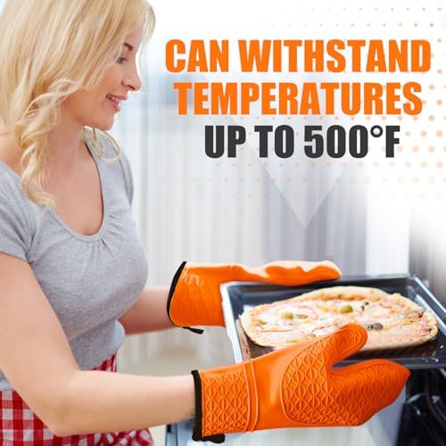 Silicone Oven Mitts, Heat Resistant 2PCS Oven Mitts with Soft Cotton Lining, Waterproof Non-Slip Grip Oven Glove, Kitchen Potholder Mits for BBQ, Baking, Cooking, 12.5 Inch - Orange - Image 7