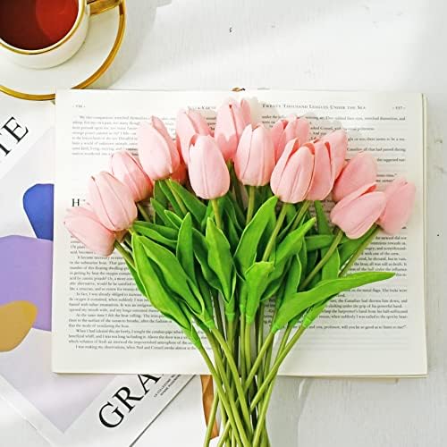 ONLY ART Artificial Light Pink Tulips 20 Pcs – 13.5 Inch PU Faux Flowers with Bendable Stems for Home Décor, Wedding Centerpieces, DIY Floral Arrangements, New Year and Valentine's Day - Image 6