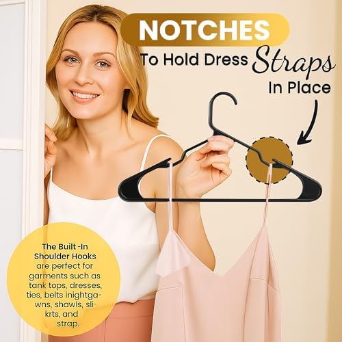 Our Modern Space 100 Pack Adult Plastic Hanger for Shirt Pants Coats Dresses Skirts Suits Jackets - Standard Thick Coat Hanger - Sturdy & Durable Design with Shoulder Grooves Hook - Black - Image 6