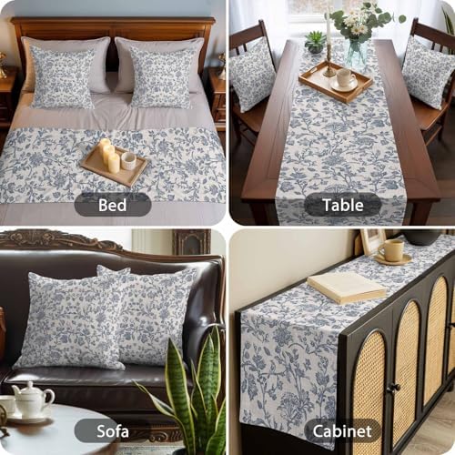 Beige Farmhouse Bed Runners for Cal King Size Beds Blue Boho Flower Bed Scarf Matching Decorative Throw Pillow Covers Vintage Botanical on Linen Hotel Beds End Blanket Towel Soft Bedspread Protection - Image 7