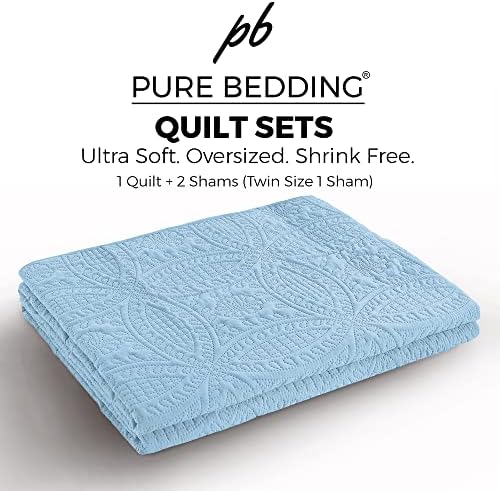 Pure Bedding Quilt Set Full/Queen Size Sky Blue - Oversized Bedspread - Soft Microfiber Lightweight Coverlet for All Season - 3 Piece Includes 1 Quilt and 2 Shams, Geometric Pattern - Image 5