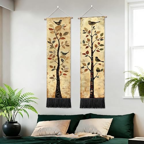 seewan 2 Pack Long Vertical Wall Tapestry, Boho Nature Landscape & Floral Aesthetic Wall Hanging for Bedroom Living Room Home Decor, Long Narrow Art Tapestry with Sunrise Mountain Botanical Designs, 13" × 51" (Vintage Bird Tree, 13"Wx51"H, Unframed) - Image 7