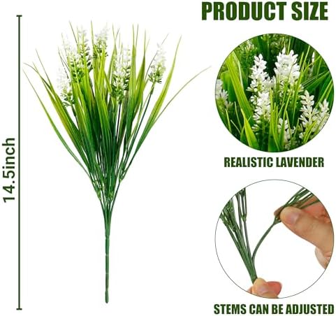 Sggvecsy 12 Bundles Artificial Plants Outdoor Faux Lavender Flowers Fake Monkey Grass UV Resistant Plastic Greenery Plants for Garden Home Porch Window Patio Hanging Planter Indoor Decor (White) - Image 6