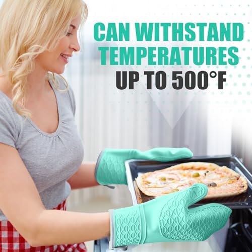 Silicone Oven Mitts, Heat Resistant 2PCS Oven Mitts with Soft Cotton Lining, Waterproof Non-Slip Grip Oven Glove, Kitchen Potholder Mits for BBQ, Baking, Cooking, 12.5 Inch - Green - Image 7