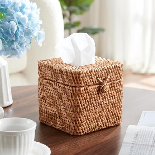 Rattan Square Tissue Box Cover, 5.7" x 5.7" x 5", Decorative Woven Facial Tissue Holder with Hinged Top Lid, Natural Color - Image 6