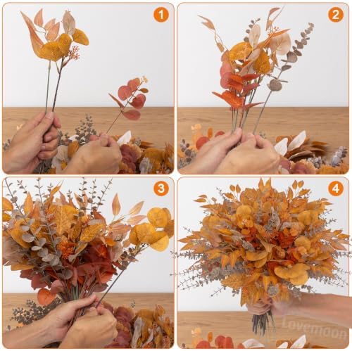 lovemoon 260 Pcs Fall Mixed Greenery Artificial Eucalyptus Stems, Orange - Image 7