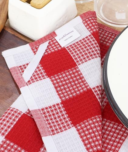 Waffle Weave Plaid Dish Cloth, DishTowel 15x25"Set of 6 - Red & White - Image 6