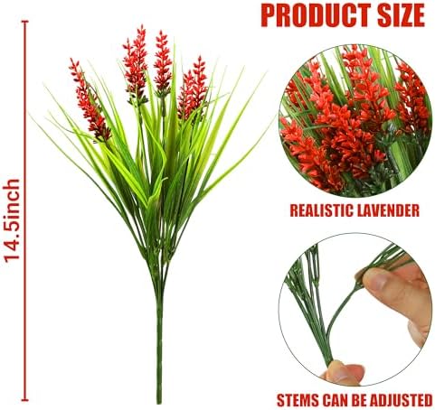 Sggvecsy 12 Bundles Artificial Plants Outdoor Faux Lavender Flowers Fake Monkey Grass UV Resistant Plastic Greenery Plants for Garden Home Porch Window Patio Hanging Planter Indoor Decor (Red) - Image 6