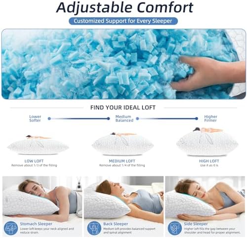 Yettbea Bamboo Cooling Shredded Memory Foam Bed Pillows Queen Size Set of 2 - Image 6
