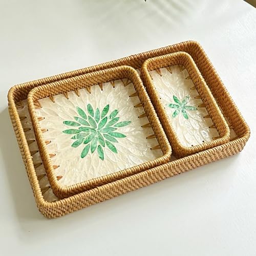 i-lan Set of 3 15" Rectangular Rattan and Mother of Pearl Serving Tray, Green Leaf Pattern Decorative,Boho Rectangule Natural Rattan Woven Trays for Entryway Kitchen Bathroom Counter - Image 7