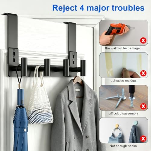 HUFEEOH 1-Pack 4-Hook T-Shape Door Towel Organizer, Fits 1-3/4-Inch Doors - Image 6