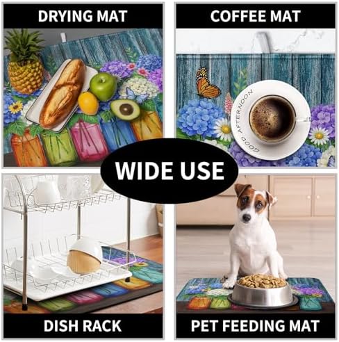 Hydrangea Dish Drying Mat Spring Summer Floral Jars Kitchen Drying Mats for Countertops Vintage Flower Vases Dish Draining Mat Microfiber Absorbent Dish Rack Pad 16x18 Inch - Image 7