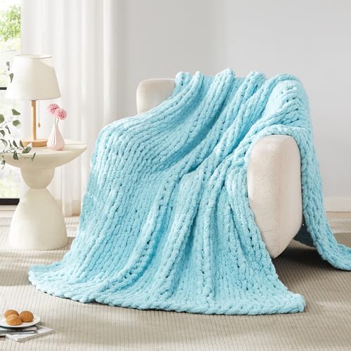 L'AGRATY Chenille Chunky Knit Blanket, Light Blue, 60x80, Heavyweight Throw Blanket for Home Decor - Image 7