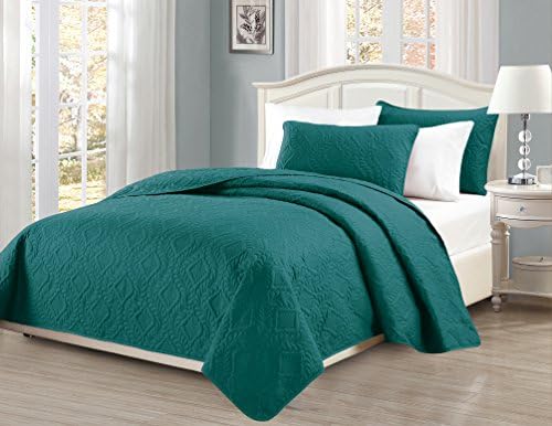 Mk Collection Full/Queen Size Over Size 100"x106" 3pc Diamond Bedspread Bed-Cover Embossed Solid Turquoise New - Image 2