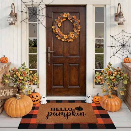2 Pack Halloween Door Mat Set, Pumpkin Coir Mat & Orange Black Plaid Mat - Image 7