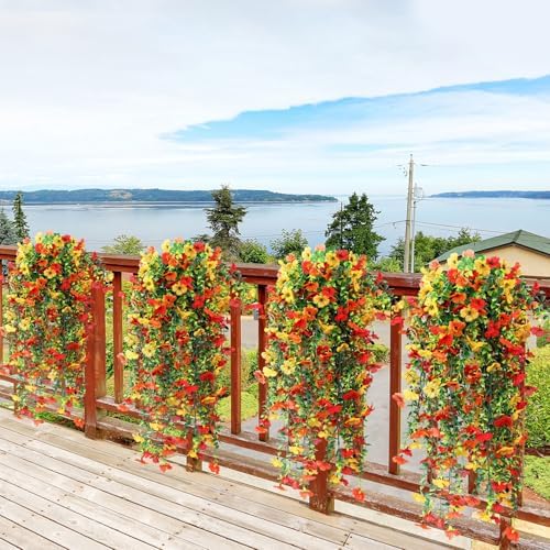 6 Pcs Fall Artificial Hanging Flower Outdoor, Red, Yellow, Orange - Image 6
