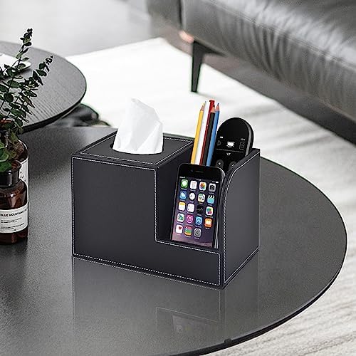 PU Leather Tissue Box Cover with Storage Square-Multifunctional Tissue Holder,Remote Control Holder,Decorative Tissues Boxes Organizer,Home Office Desktop Storage box,Black - Image 6