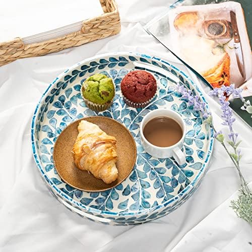Serving Tray 12.5 Inch, Lacquer Mother of Pearl Inlay Mosaic Tray, Round Wooden Marble Tray with Handles Trays for Tea, Breakfast (Leaf Style) - Image 6