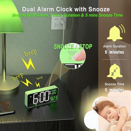 KOSUMOSU Digital Clock for Bedroom, 6.7in Desk Clock, Auto Dimming, Room Temperature, Day of The Week, Date, Seconds, Clocks for Living Room, Alarm Clocks for Bedrooms - Image 6