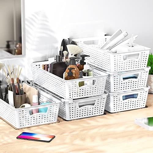 Simple Houseware Stackable Plastic Woven Basket Organizer, 6 Pack, White - Image 6