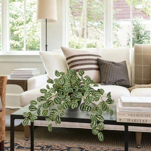 Briful Artificial Potted Plant Indoor, 19.6" Faux Watermelon Peperomia Trailing Plant in Black Pot, Realistic Fake Plants with Cascading Green Leaves for Shelf Bathroom Office Desk Kitchen Home Decor - Image 7