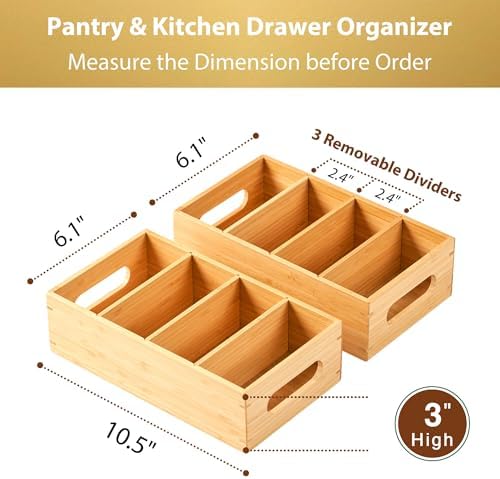 Umilife Bamboo Pantry Organizers and Storage Bins with Removable Dividers, Kitchen Drawer Cabinet Countertop Organization for Snack, Spice Packets, Teabags, Seasoning Pouches (2 Pack) - Image 6