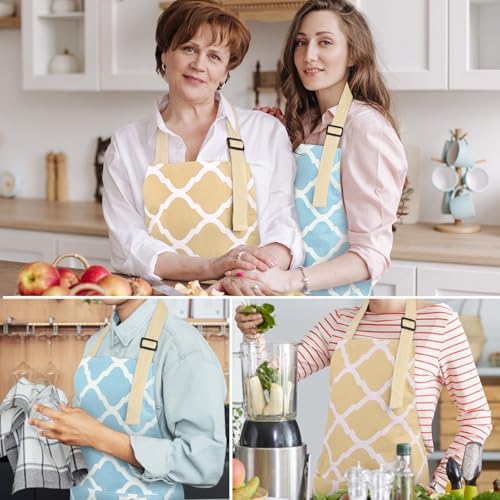 2 Pieces Aprons for Women with Pockets, Cotton Linen Waterproof Kitchen Cooking Aprons, Chef Apronfor Men Women with Adjustable Neck Strap and Long Ties(Blue/Yellow) - Image 7
