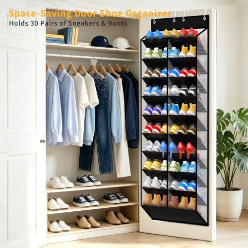 KEEPJOY Large Capacity Over the Door Shoe Organizer, 10-Tier Mesh Hanging Shoe Rack with 20 Wide Deep Pockets, Holds 20–30 Pairs of Sneakers and Boots, Door Hanging Shoe Holder (Piano White) - Image 6