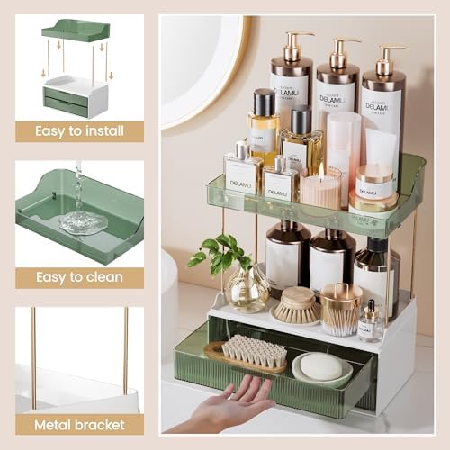 Delamu 4-Tier Makeup Organizer, Bathroom Counter Storage, 2 Drawers,Green - Image 6