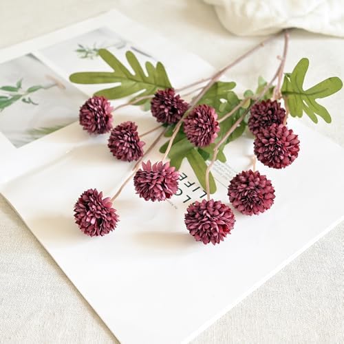 Laelfe 5Pcs Burgundy Flowers Artificial Pompon Mum, Fake Kiku Flowers Silk Small Mini Chrysanthemum Ball Faux Mum Decor for Autumn Filler DIY Bouquet Centerpieces Arrangements Shower(Burgundy) - Image 6