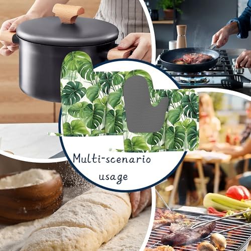 Green Palm Leaf Pot Holders and Oven Mitts,Summer Tropical Leaves Oven Mitts Heat Resistant Cotton Lining Anti-Slip Silicone Kitchen Mitts Set Hot Pads for Microwaves Cooking Baking Grilling - Image 7
