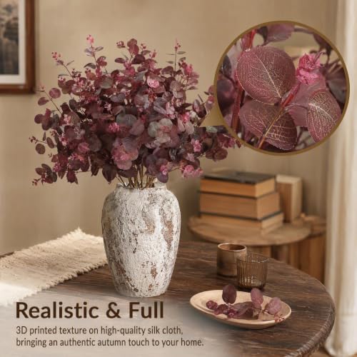 6Pcs 30in Fall Burgundy Artificial Eucalyptus Leaves Stems - Image 7