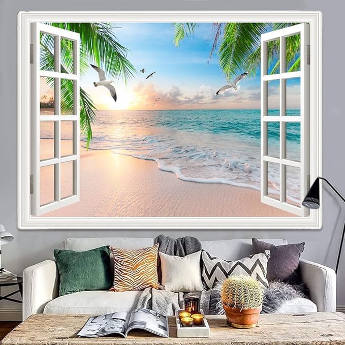 Xiaoput Nature Landscape Tapestry, Cozy Outside of Window Tropical Palm Tree Beach Sea Mew Sunset Scenery Tapestry Wall Hanging, Colorful Bedroom Living Room Dorm Decor 90x70 in - Image 3