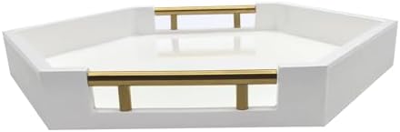 Serving Tray with Polished Metal Handles, Hexagon Coffee Table Tray, Modern Rectangle Decorative Tray, Large Ottoman Tray, Perfect for Storage and Display (White Hexagon) - Image 6
