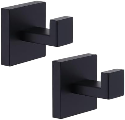 TASTOS Bath Towel Hooks Matte Black, 2 Pack Stainless Steel Robe Coat and Clothes Hook, Heavy Duty Wall Hook for Bathroom & Kitchen, Modern Square Style Wall Mounted (Black) by TASTOS