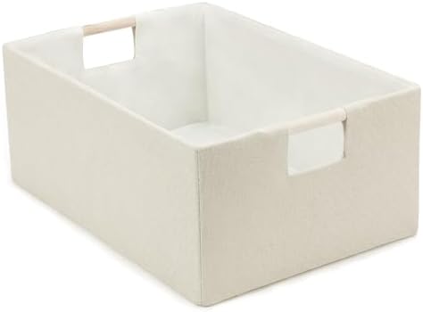 Foldable Fabric Storage Basket for Shelves, Linen Decorative Storage Bin with Wooden Handles, Small Organizer Cube for Closet, Rectangle Canvas Box for Organizing, Decor, 15x10.6x6 Inches (Beige) by TihaolityUS