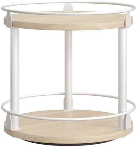 YATINEY Lazy Susan Organizer, Rotating Spice Rack, 2 Tier Spice Turntable Organizer, Industrial Turntable Spice Holder, for Kitchen Countertop, Compact and Versatile, White and Light Oak SR22WG by Yatiney