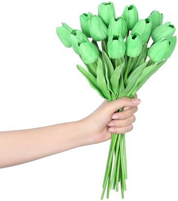 SITUMEIZI 15pcs Green Tulips Fake Artificial Flowers Real Touch 14" PU Flower for St Patricks Day Home Decor Easter Spring Wedding Bouquet Decorations Mother's Gift Day Floral Arrangements - Image 3