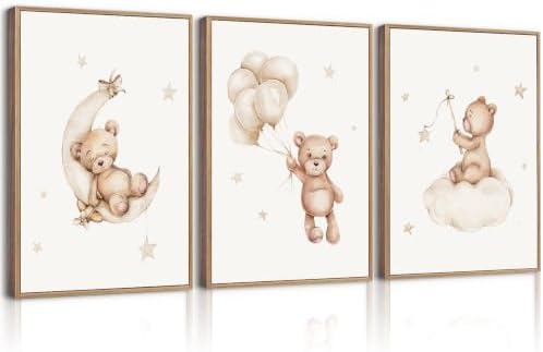 Baccone Bear Nursery Wall Art Decor Set of 3 Teddy Bear Canvas Wall Art Baby Boy Nursery Decor Prints Neutral Pictures Moon Star Cloud Print for Girls Children Room 12x16 Inch Unframed by Baccone