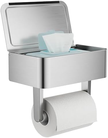 Toilet Paper Holder, Stainless Steel Wall Mount Bathroom Organizer with Shelf, Flushable Wipes Dispenser Storage Fits Any Bathroom and Hide Your Wet Wipes, Regular Roll (nickel) by WZKALY