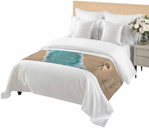 Coastal Ocean Starfish and Shell Sand Bed Runner for Bedroom Hotel - Decorative Bedding Scarf 'The Beach Is My Happy Place' - End Blanket Runner for California King Size, 102x20in by ZFUNCING