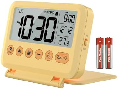Digital Travel Alarm Clock - 3.54 inch LCD Display, 9-Minute Snooze, 2 Volume Levels, Backlight, Battery Included (Yellow) by MeesMeek
