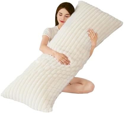 Full Body Pillow with Fluffy Stripe Faux Fur Removable Cover, Long Bed Pillow Adult 20x54 Inches for Side Sleeper and Pregnancy, Beige. by Memfydu