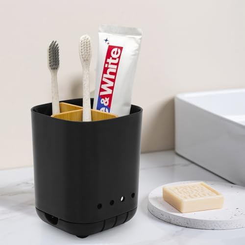 Toothbrush Holder with Bamboo Divider,Detachable for Easy Cleaning Bathroom Countertop Organizer,Plastic 3 Slots Electric Toothbrush and Toothpaste Holders Storage Caddy for Bathroom Vanity,Sink-Black - Image 2
