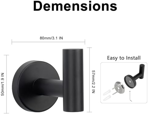 NearMoon Bath Towel Hooks- SUS 304 Stainless Steel Robe Hook Holder, Heavy Duty Coat Hook for Bathroom Livingroom Hotel Kitchen Garage, Wall Mounted (Matte Black, 4 Pack) - Image 5