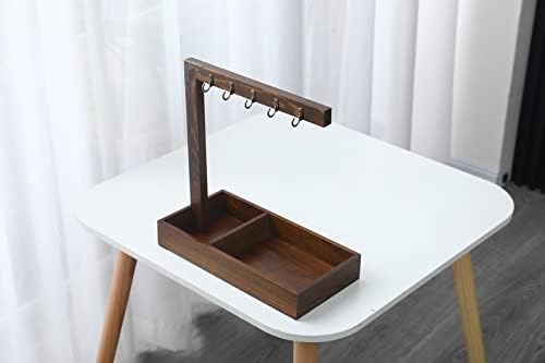 Wood Entryway Tabletop Key Holder Rack，Rustic Burnt Decorative Organizer with Storage Tray and Brass Tone Hooks，Jewelry Key Stand Hanging Organizer - Image 5