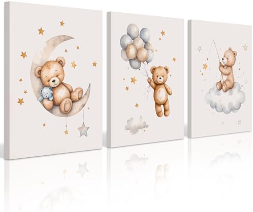 Teddy Bear Nursery Wall Art Decor Baby Boy Girl Room Poster Vintage Nursery Canvas Wall Decor Toddler Kids Room Pictures Cute Bear Neutral Artwork for Bedroom Playroom 12x16x3 Inch Wrapped Canvas by Baccone