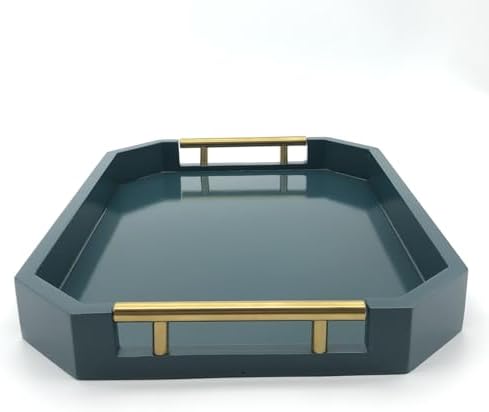Serving Tray with Polished Metal Handles, Hexagon Coffee Table Tray, Modern Rectangle Decorative Tray, Large Ottoman Tray, Perfect for Storage and Display (Teal Rectangle) - Image 4