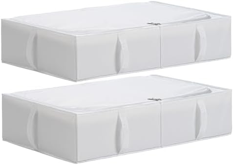 TYEERS Under Bed Storage Containers, Durable Fabric, Washable, Collapsible, Under Bed Storage Bins for Clothes, Blankets, Sheets, Shoes, 27.5x16.5x7 Inches, 2-Pack, White by StorageOrganization